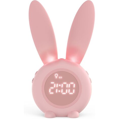 Réveil Matin à Induction en Forme de Lapin Mignon, Intelligent Réglage Automatique Lumière de Respiration, Affichage Temps/Date/Température, Contrôle Vocal ou Tremblement
