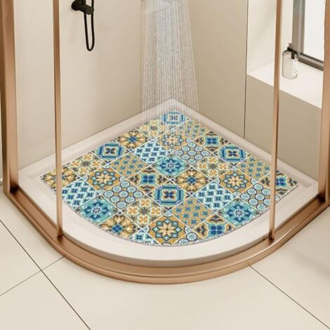 Tapis de douche d'angle en luffa antidérapant et anti-moisissure pour salle de bain avec évacuation (bleu, 60 x 60 cm)