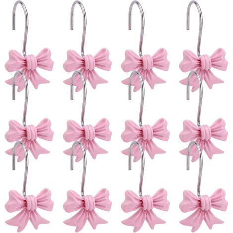 Lot de 12 Crochets Décoratifs pour Rideau de Douche avec Noud Papillon, Anneaux Métalliques pour Salle Bain Chambre Bébé Chambre d'enfant Décoration Artistique (Rose)