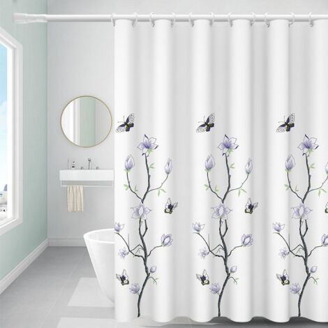 Rideau de douche hydrofuge anti-moisissure en polyester lavable avec crochets Motif fleurs et papillons Ourlet lesté 180 x 200 cm