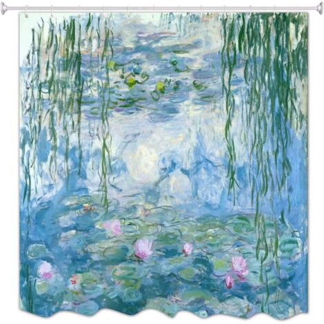 Rideaux de Douche Nénuphars par Claude Monet Peintures À l'huile Lotus Étang Fleurs Jardin Image Tissu Imperméable Polyester Rideau De Douche pour Les Décors De Salle De Bains 150X180 cm