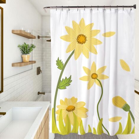 Rideaux de Douche Tissu Lavable 90 x 180 cm Personnalisable, Séchage Rapide, Lavable, Lesté, avec des Crochets Rideau de Douche Résistant à La Moisissure Imperméable, Fleur Jaune