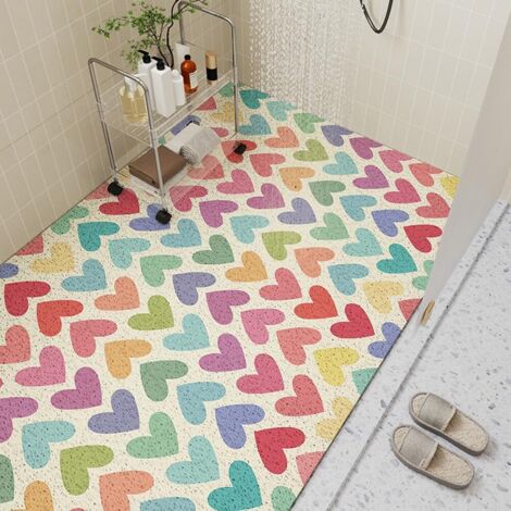 Tapis de Douche Antiderapant, Séchage Rapide Tapis de Douche en PVC Luffa avec Drain, Tapis de Bain Doux et Mignon pour Personnes âgées et Enfants (Cœurs colorés, 40 x 60 cm)