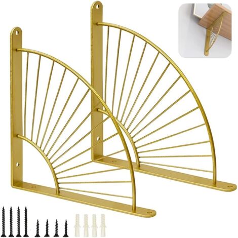 2 Supports D'étagères en Forme D'éventail Doré, Equerre Etagere Murale, Support Mural en Métal pour Restaurant, Support Triangulaire Flottant, étagères d'a (Or)