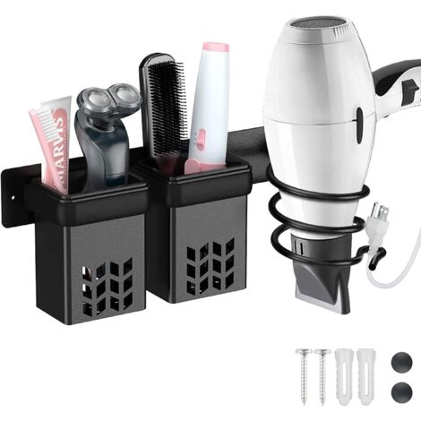 Porte Sèche Cheveux,Support Seche Cheveux et Support de Lisseur en Aluminium Rangement et Range-Câbles,Support Multifonctionnel pour Salle de Bain Hôtel Organisateur Mural avec Dual Trous