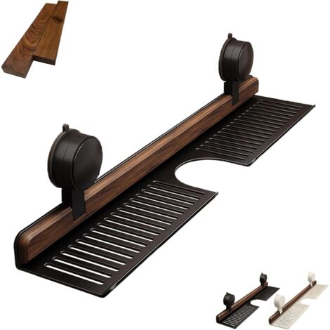 Étagère de salle de bain à ventouses en noyer, étagère de rangement sans perçage pour lavabo et coiffeuse, panier de douche à ventouses en aluminium (M Noir)