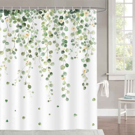 Rideau de Douche Feuilles Vertes d’Eucalyptus 180x180cm, Rideaux de Douche Tissu Polyester Imperméable Anti Moisissure Lavable pour Baignoire et Bain avec 12 Crochets