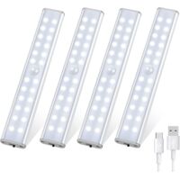 Lampe de Placard 4 Pcs 24 LED, Lampe Led Détecteur de Mouvement 3 Modes d’Éclairage, Lampe LED Rechargeable, Reglette Led Cuisine Sans Fil, Lumiere Led Veilleuse pour Armoires/Couloirs/Garage