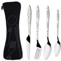 Lot de 4 Couverts de Camping, Ensemble de Couverts Transportables, Couverts en Acier Inoxydable avec Sac en Néoprène Idéal pour les Voyages et le Camping (Noir)