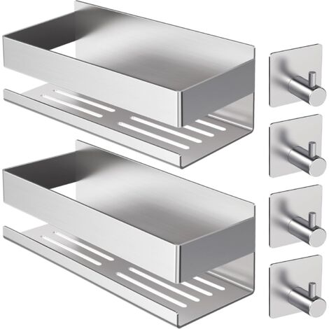 Duschablage Ohne Bohren,2PCS Upgrade Version Verdickter Edelstahl 304 Badezimmer Organizer,Kein Bohren Selbstklebend Shampoo Halterung für Dusche Mit 4 Haken für Bad, Küche, WC (1/5)