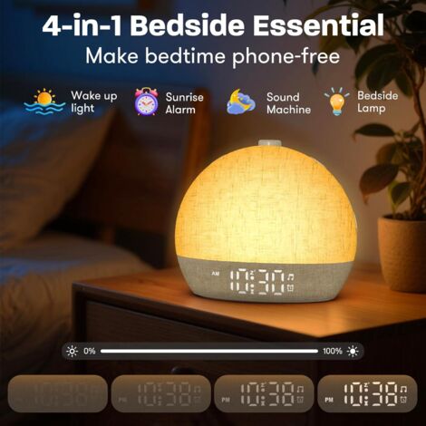 Simulateur D'aube Réveil Simulateur D'aube Plein écran - Lumière Levant Couchant, 20 Niveaux, FM, 8 Sons Naturels Reveil Lumineux