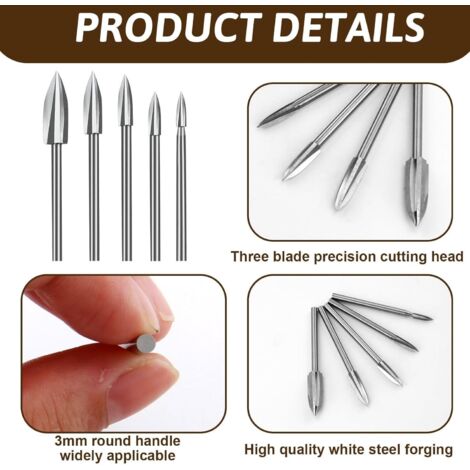 5 Pièces Outils Sculpture Bois pour Dremel, Mèches de Sculpture sur Bois | avec Tige de 1/8, Ensemble d'Outils de Sculpture Acier Blanc pour Outils Rotatifs, Bricolage, Gravure, Ponçage, Perçage