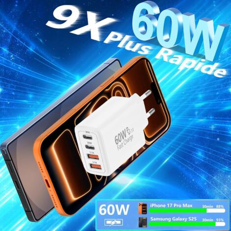 Chargeur Rapide 30W USB-C + Câble Nylon 3m - Compatible IPhone 16/15, Samsung, IPad - Prise Secteur - 8