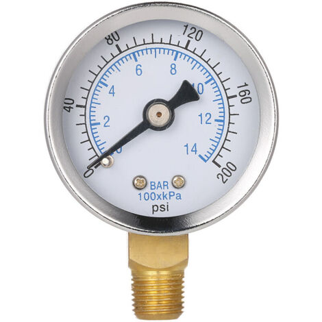 Produktbild von Mini Manometer 0–200 Psi / 0–14 Bar – 1/8" NPT, Doppelskala, Für Luftkompressor & Hydraulik (1 Stück)