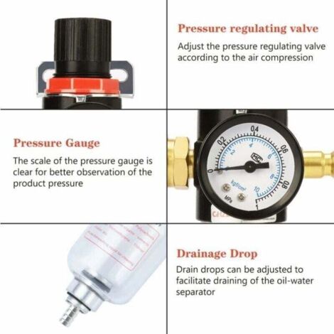1/4 Druckluftregler Filter Manometer Feuchtigkeit Öl Wasser Schmierer Abscheider Reduzierstuck Pneumatischer Gaskompressor Manometeranschluss 90387809