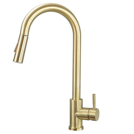 Goldene Küchenarmatur Aus Massivmessing – 360° Schwenkbar, Mit Pull-Down-Sprüher Und 2 Strahlarten