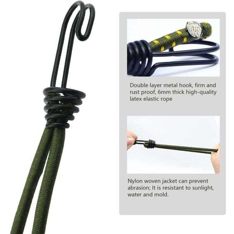 Confezione da 4 ganci per corda elastica da 6 mm, verde militare, resistenti, a spirale, con corda elastica riflettente staccabile da 6, gancio per corda elastica