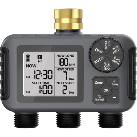 Ordenador de riego con 3 salidas controladas independientemente, temporizador de riego con retardo por lluvia/modos automático y manual, gran pantalla LCD, temporizador de agua para jardín y césped.