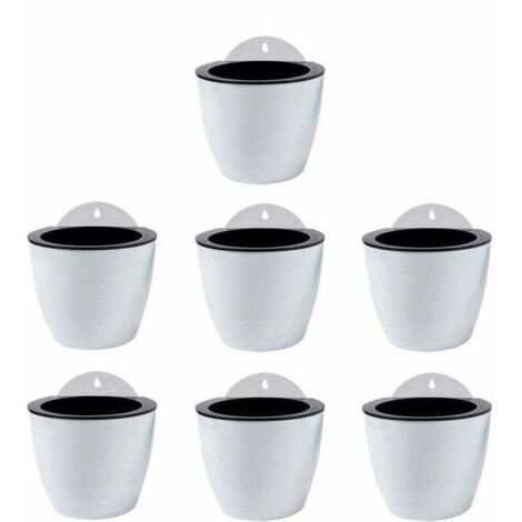 Juego de 7 macetas colgantes autorriego para decoración de pared, para interior y exterior, de plástico blanco. (1/4)