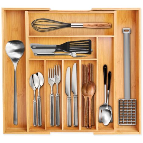 Bandeja de bambú para cubiertos: 7-9 compartimentos ajustables para utensilios de cocina