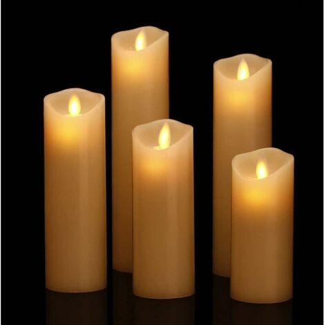 ZVD Velas LED sin llama. Juego de 5 (10, 12, 15, 17 y 19 cm, color marfil), cera auténtica. Llamas parpadeantes realistas, control remoto con 10 menús de funciones y temporizador de 24 horas.