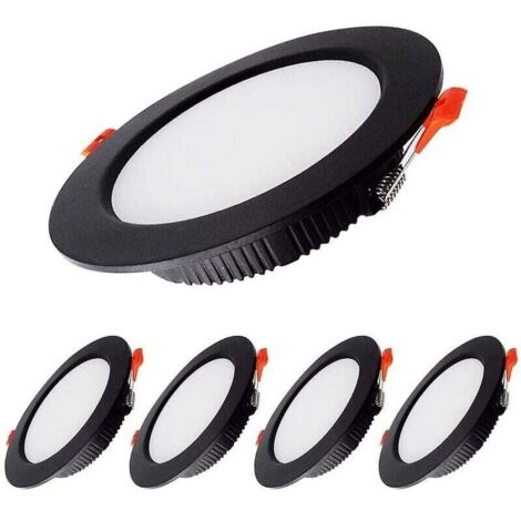 Foco LED empotrable regulable de 7 W, extraplano, negro, 230 V, paquete de 5, 700 lm = 70 W incandescente, IP44, blanco frío 6000 K, corte de 80-90 mm, luz de techo redonda empotrada para baño, cocina (1/4)