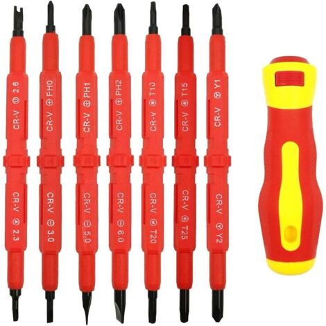 Juego de 7 destornilladores aislados para electricista - 14 en 1, de aleación de cromo-vanadio, multifuncional, resistente, 500 V (1/5)