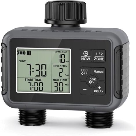Programador de riego de 2 salidas, temporizador de riego, 2 programas independientes, control de riego programable, resistencia al agua IPX5, temporizador de agua.