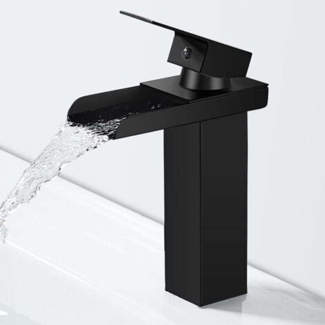 Grifo de baño moderno en cascada negro, grifo de lavabo en cascada con caño de 140 mm de altura, grifo de baño de latón. (1/4)