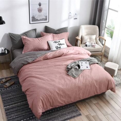 Juego de cama de microfibra con funda nórdica doble, estampado liso y a cuadros, 2 fundas de almohada y 1 sábana (220 x 240 cm, rosa)