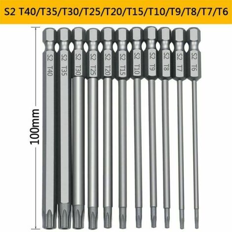 11 pièces 100mm S2 1/4 pouces tournevis Torx embouts hexagonaux de précision perceuse tournevis de sécurité magnétique T6-T40 tournevis Torx à tête longue (1/5)