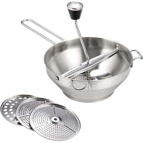 Machacador de verduras manual de acero inoxidable, picador de verduras, machacador de patatas para mezclar verduras, frutas y sopas, con 3 rejillas diferentes, colador y exprimidor de cítricos. (1/4)
