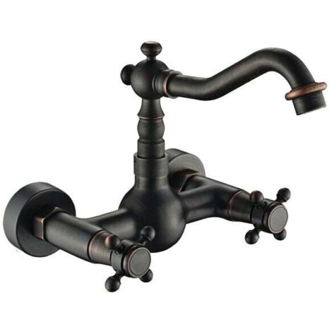 Grifo de cocina de inspiración antigua - Montaje en pared, latón envejecido (negro)
