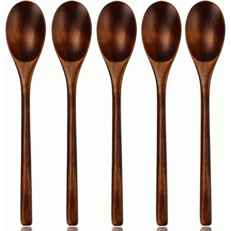 Cuchara de madera, utensilio de cocina de mango largo estilo japonés, 5 cucharas de sopa de madera Nanmu para comer, mezclar, revolver y cocinar con caja (1/5)