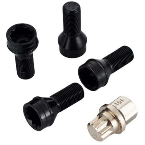 Juego de 4 pernos y tuercas de seguridad para ruedas de acero negro M14 x 1,5 mm con llave de repuesto y accesorio (1/4)