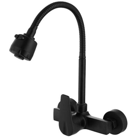 Grifo de cocina de pared giratorio 360°, mezclador de fregadero de latón negro, caño giratorio, manguera flexible, brazo giratorio, cabezal rociador y aireador.