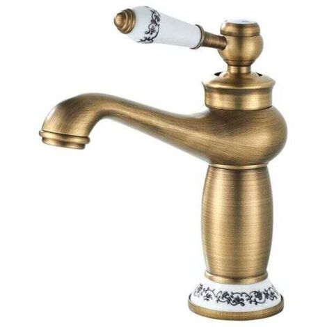 Grifo de baño retro, grifo monomando para lavabo con manija de cerámica, grifo de baño de agua fría y caliente, latón (1/5)