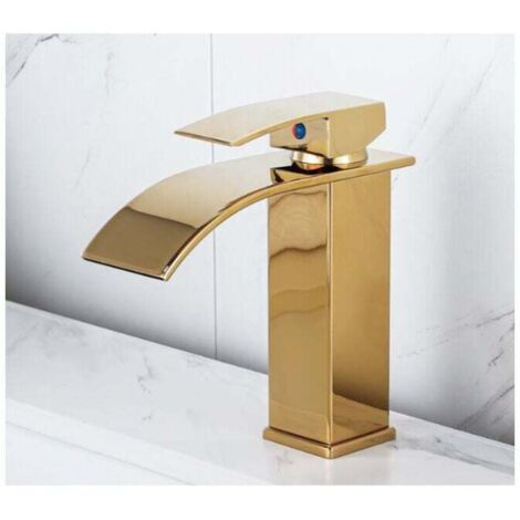 Grifo de cascada lacado en oro, grifo de lavabo de encimera con agua caliente y fría, grifo de baño de un solo orificio, grifo de lavabo de cascada, grifo mezclador de cascada, grifo de baño de un sol (1/4)