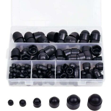 145 tapas de goma para tuercas hexagonales, tapas para pernos, tapas para tornillos, kit de tuercas de plástico con caja de almacenamiento, 145 piezas negras M4 M5 M6 M8 M10 M12 (1/4)