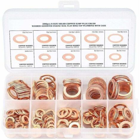 Juego de arandelas de metal de cobre - Anillos de sellado, juntas - Arandelas planas con caja - Surtido de 200 piezas para sellado - Tamaños M5 M6 M8 M10 M12 M14. (1/3)