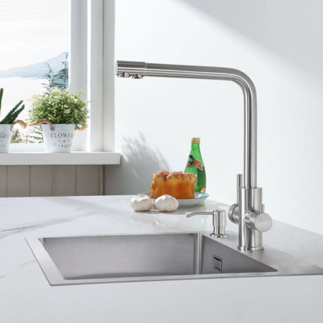 Grifo de cocina de 3 vías, mezclador para fregadero con dos salidas de agua: agua filtrada y agua caliente/fría - Caño giratorio de 360° en acero inoxidable 304 cepillado (1/4)
