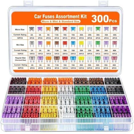 Juego de fusibles para coche ZVD-300 piezas: 160 minifusibles + 90 medianos + 50 microfusibles + extractor - para coche, caravana, camión y motocicleta (2A, 3A, 5A, 7,5A, 10A, 15A, 20A, 25A, 30A, 35A,