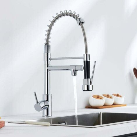 Grifo de cocina Auralum extraíble con rociador doble, mezclador de cocina con caño flexible alto, grifo para fregadero de latón cromado (1/4)