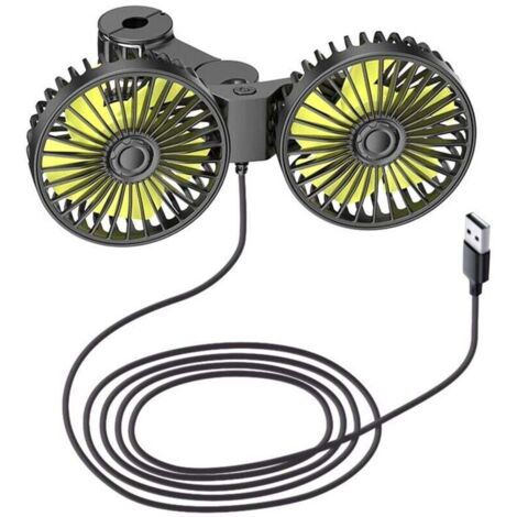 Ventilador de coche ZVD de 12 V con doble cabezal, portátil, USB, silencioso para asiento trasero, 3 velocidades ajustables, rotación de 360°, apto para niños y perros. (1/4)