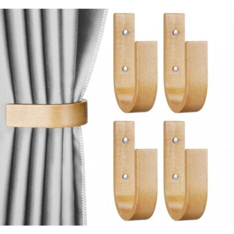 Juego de 4 alzapaños de madera en forma de U para cortinas - Sujeta cortinas de pared (madera, 4)