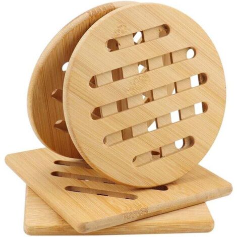 Juego de 4 posavasos de bambú, resistentes al calor, de madera natural para teteras, cuencos y platos de mesa – 15 cm (1/4)