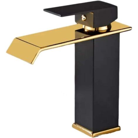 Grifo para lavabo de baño ZVD negro con núcleo de cobre y cascada, moderno grifo monomando para tocador, elegante y duradero (negro y dorado corto) (1/4)