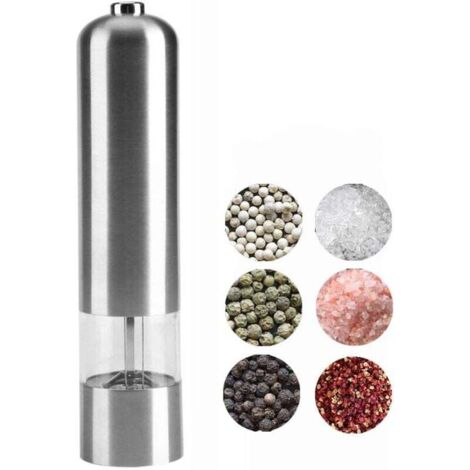 Molinillo de pimienta eléctrico ZVD, molinillo de sal de acero inoxidable, molinillo automático de especias, molinillo eléctrico de acero inoxidable cepillado, grosor ajustable con LED (pilas no inclu (1/4)