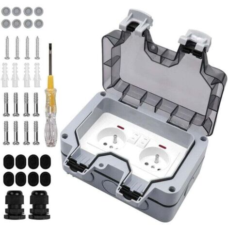 Enchufe exterior estanco con interruptor y luz indicadora, doble empotrable (estándar francés), 250 V/16 A CA, para cocina, baño, jardín, enchufe de pared, caja eléctrica estanca