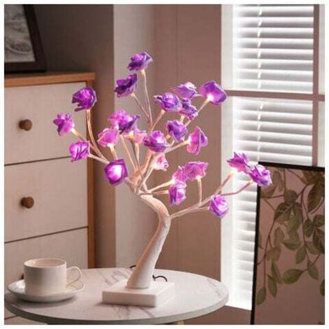 Lámpara de mesa con forma de rosal luminoso con flores artificiales, ideal para decoración del hogar, cumpleaños, San Valentín y Navidad (morado).